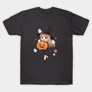 Cute Halloween Anime Witch, Ghost & Pumpkin T-Shirt